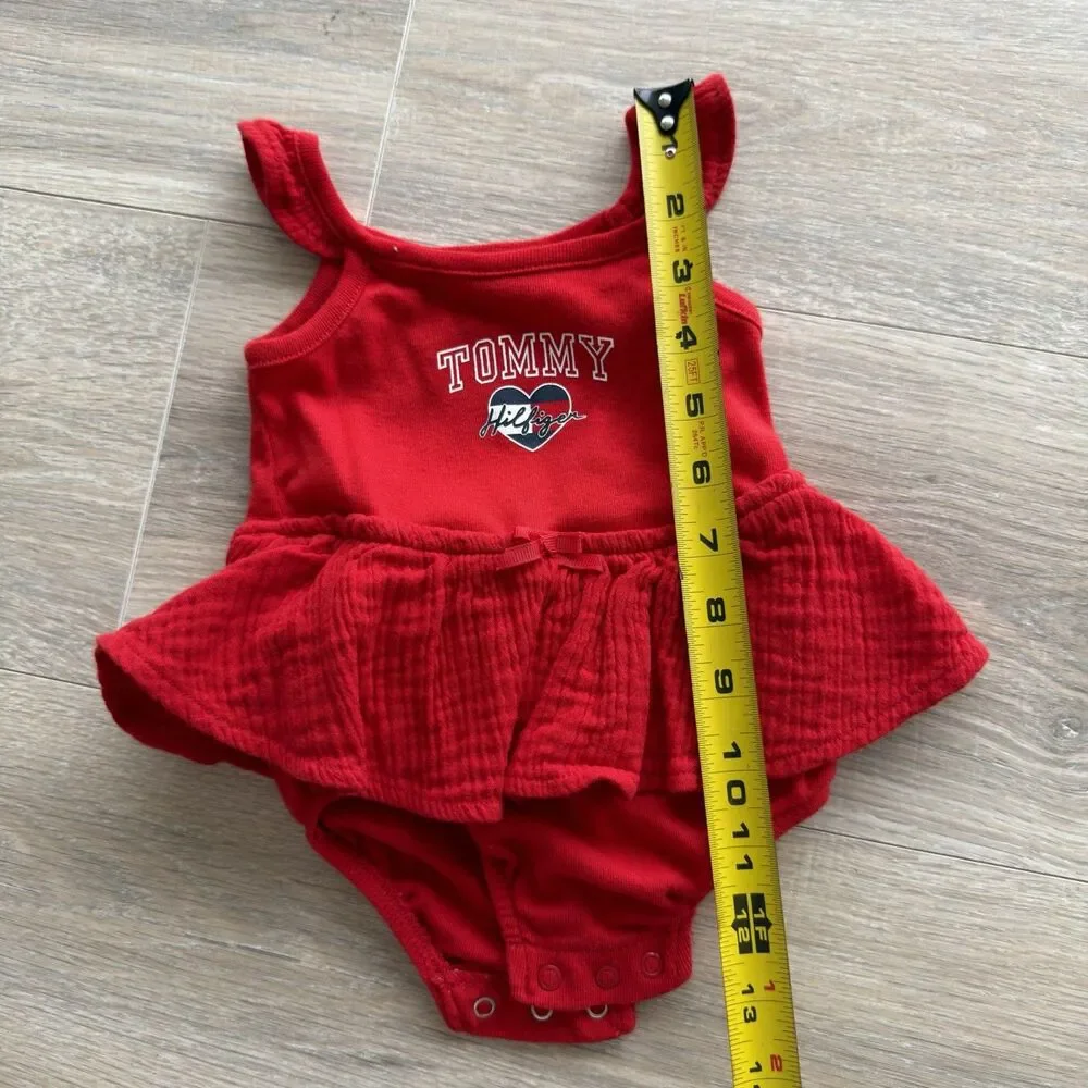 Tommy Hilfiger Baby Red Ruffle Bodysuit Dress Heart Logo 0-3M USA Preppy Classic